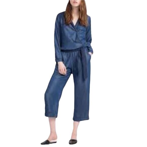 ZARA One Piece Long Sleeve Wide Leg Pants Jumpsuit Chambray Blue S - Picture 3 of 9